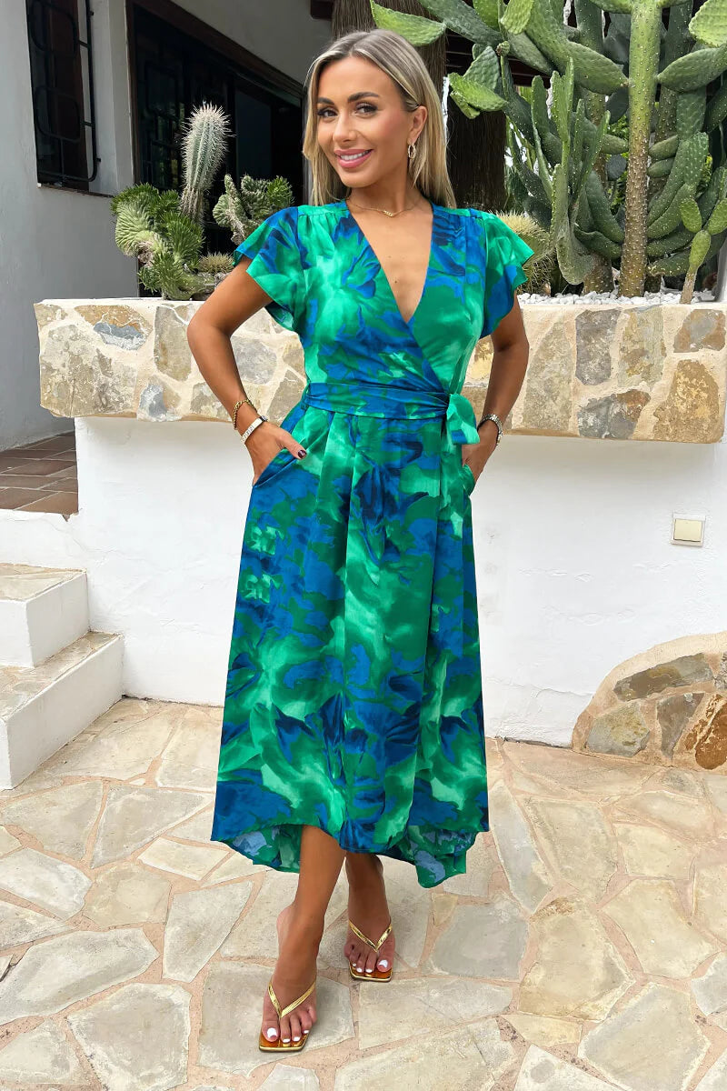 Dionne Green Blue Abstract Print Short Sleeve Belted Dip Hem Midi Dress