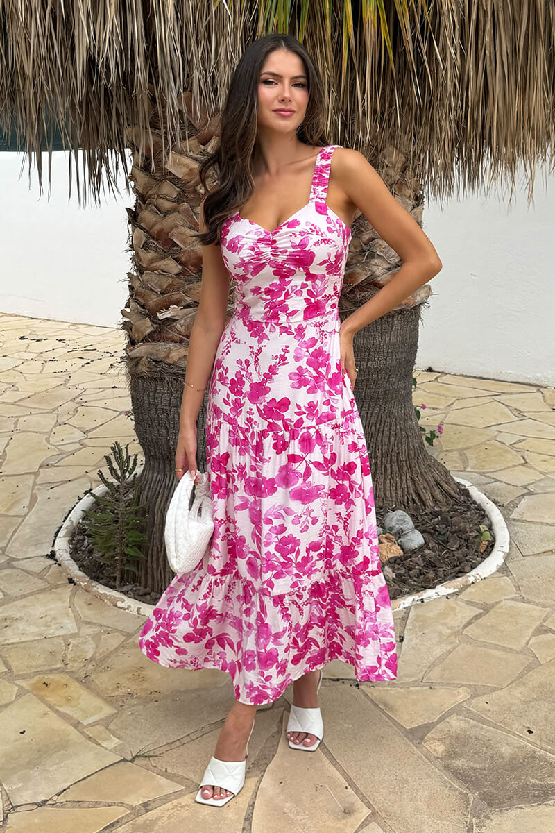 Caitlin Pink And White Floral Print Sweetheart Neck Tiered Maxi Dress Caitlin Pink And White Floral Print Sweetheart Neck Tiered Maxi Dress