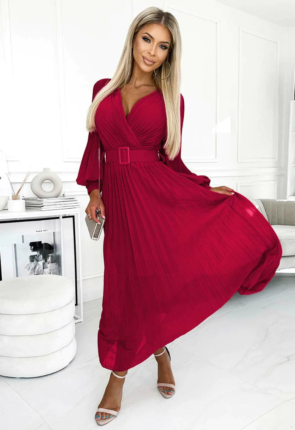 Midi Dress Long Sleeve Red Flowy Dress Petite Satin Woven Crepe