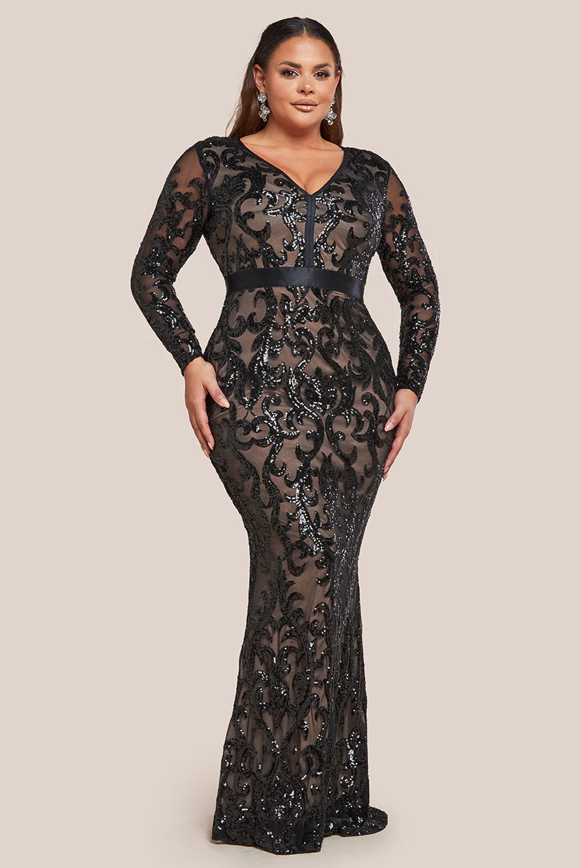 Anwen Black Sequin Long Sleeve Bodycon Maxi Dress - BY GODDIVA | LittleMadam