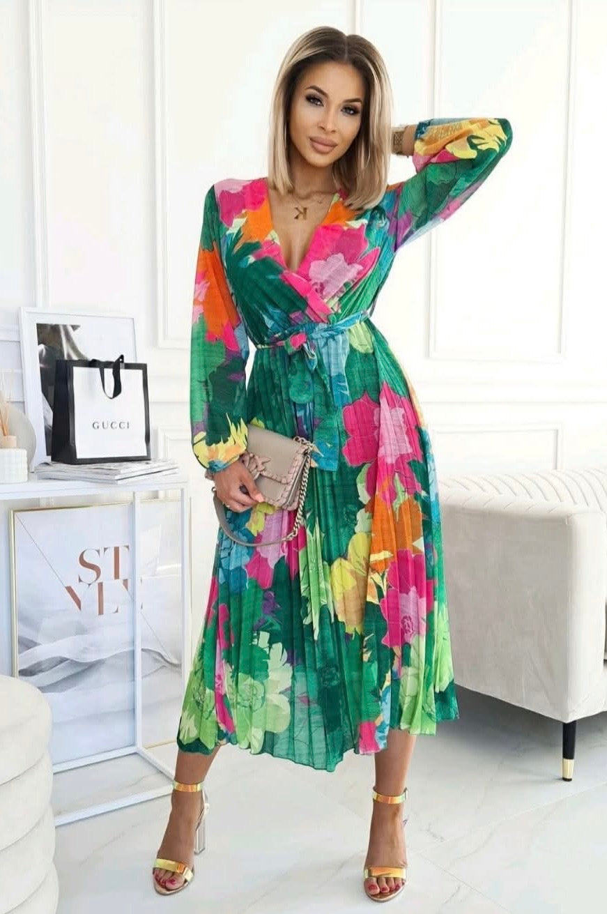 Casey Green Floral Chiffon Long Sleeve Belted Pleated Maxi Dress - 2 LENGTHS