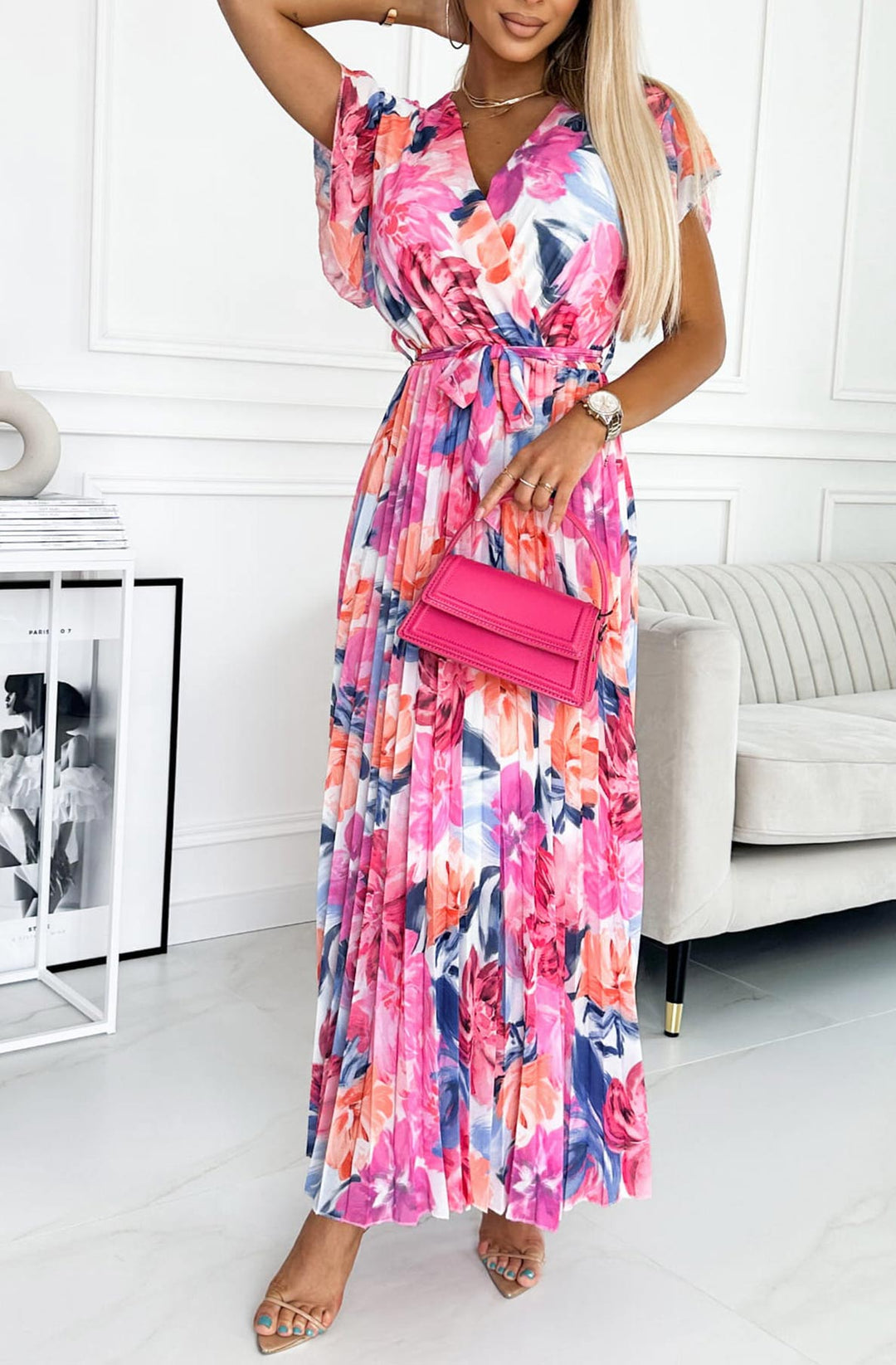 Amalfi Coast Pale Pink Floral Chiffon Short Sleeve Pleated Belted Maxi Dress (M-XXL PRE-ORDER)