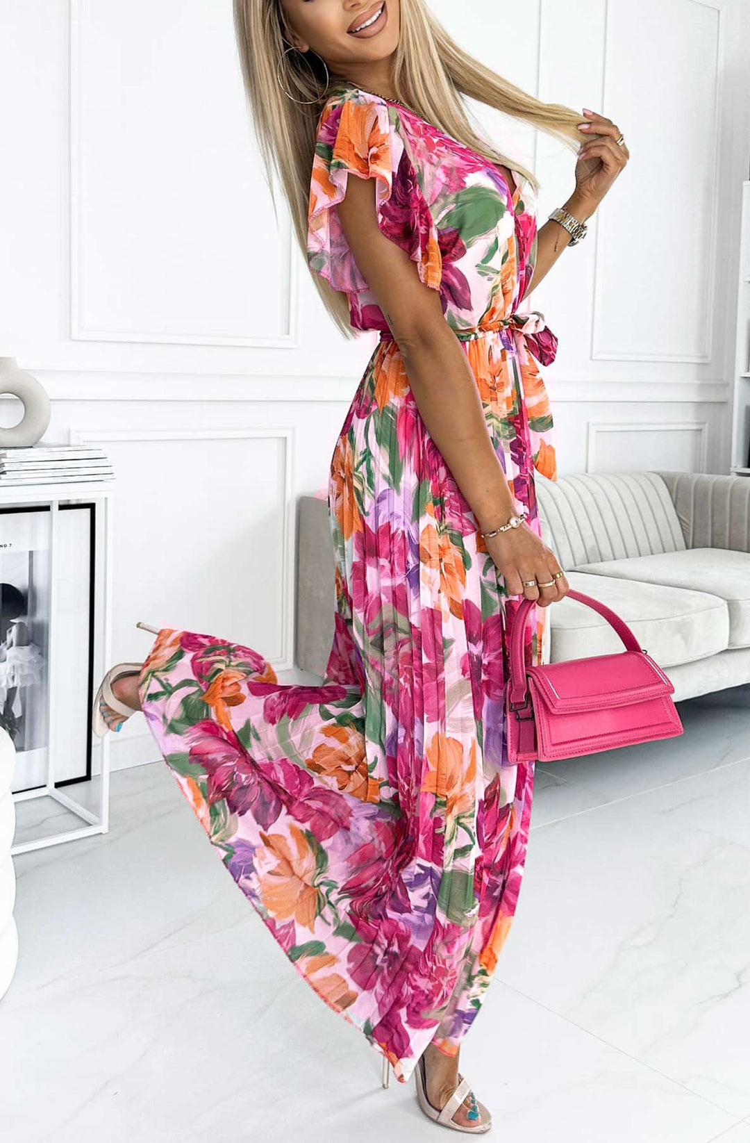 Amalfi Coast Pink Floral Chiffon Short Sleeve Pleated Belted Maxi Dress