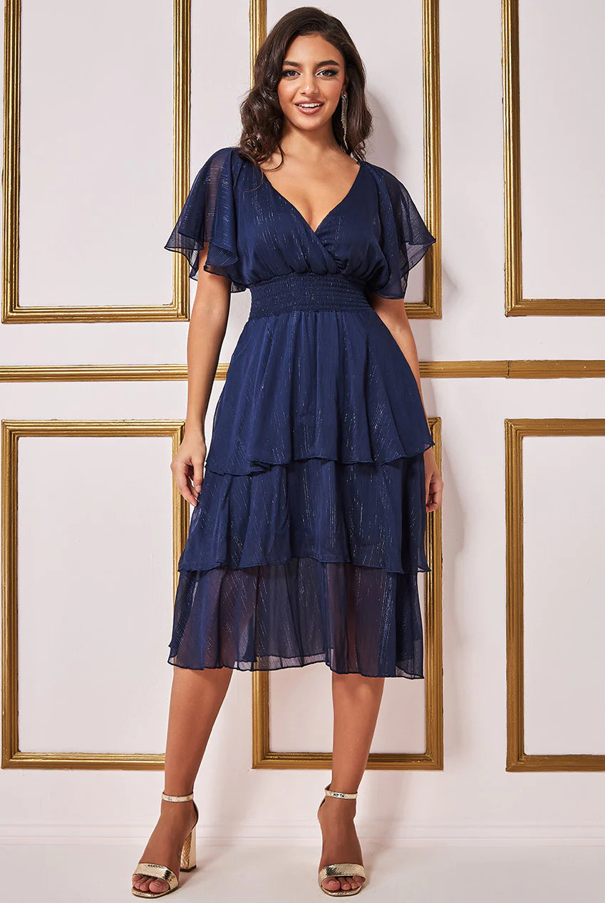 LA Chic Navy Lurex Chiffon Angel Sleeve Tiered Midi Dress - BY GODDIVA