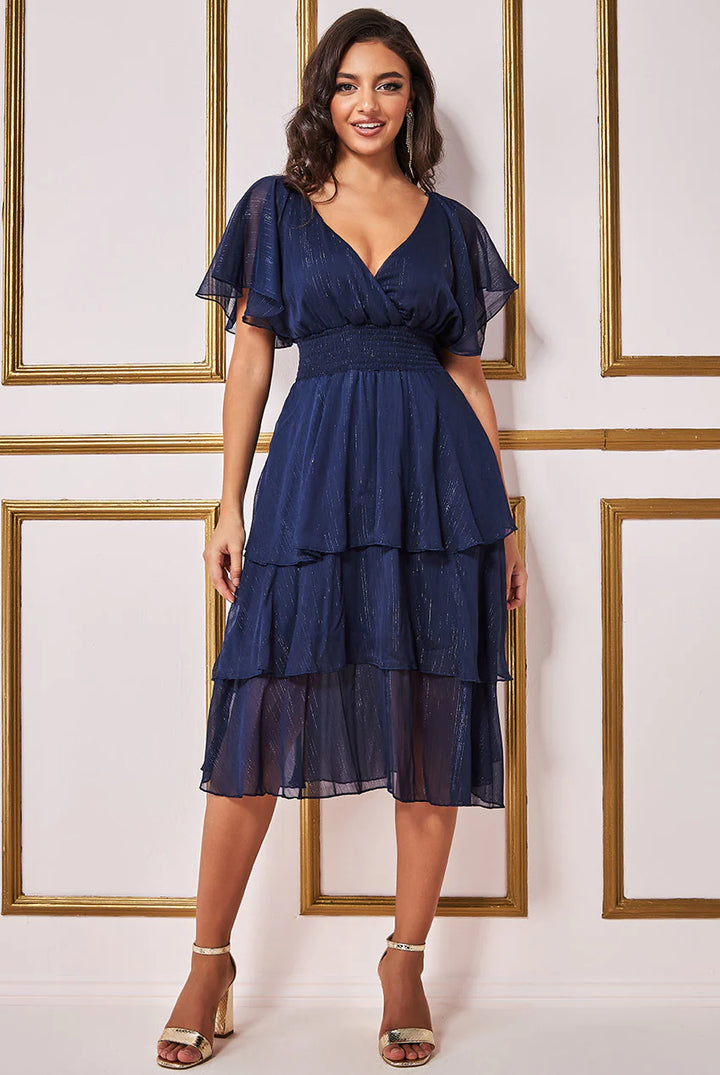 LA Chic Navy Lurex Chiffon Angel Sleeve Tiered Midi Dress - BY GODDIVA