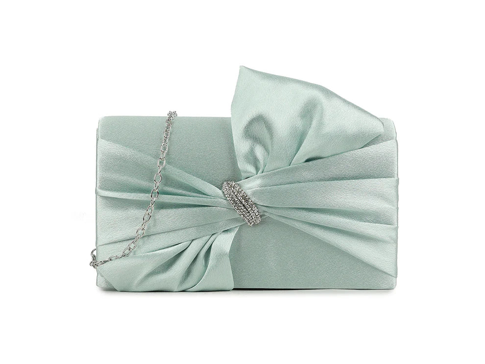 Palermo Mint Satin Front Bow Detail Clutch Bag