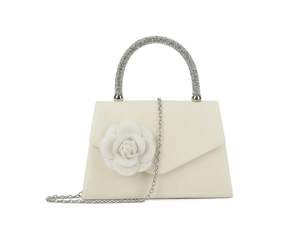 Rose Embellished Suede Effect Hand Bag - Ivory