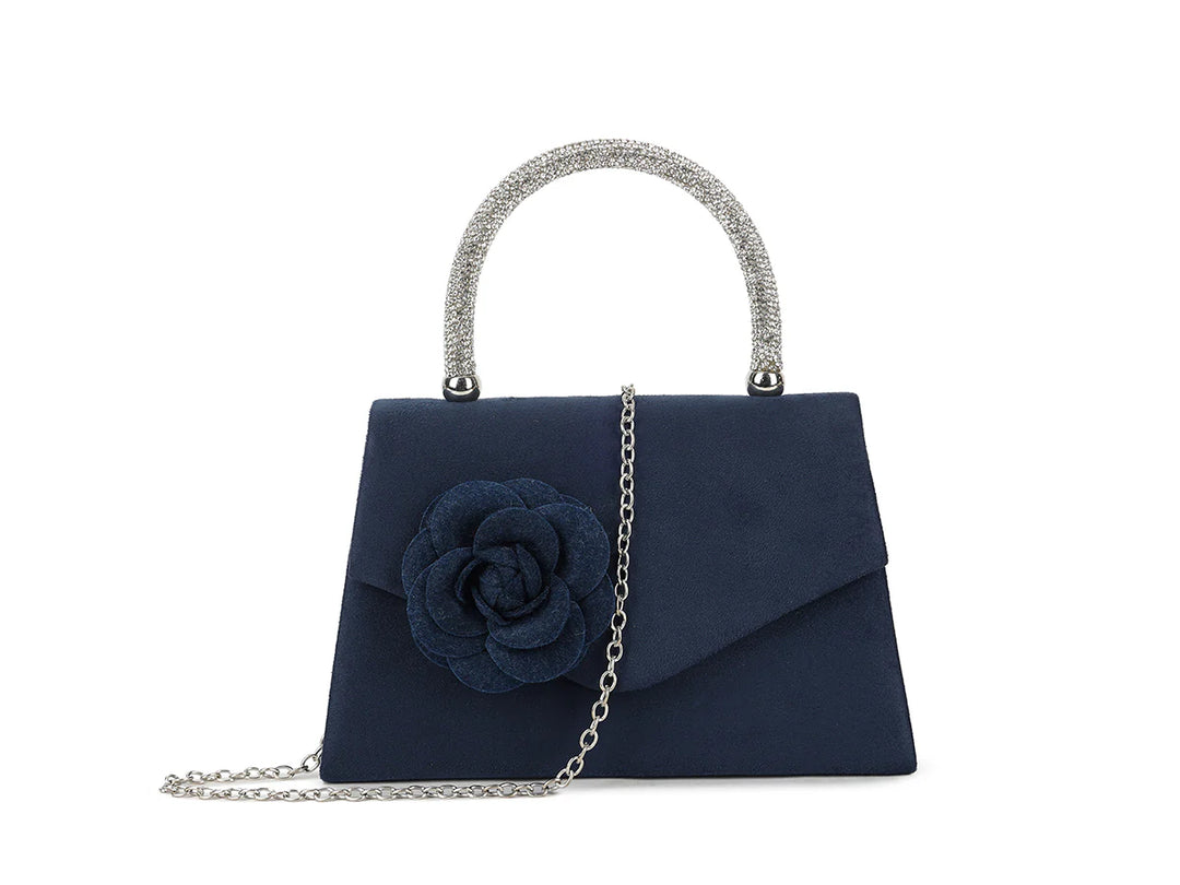 Rose Embellished Suede Effect Hand Bag - Navy