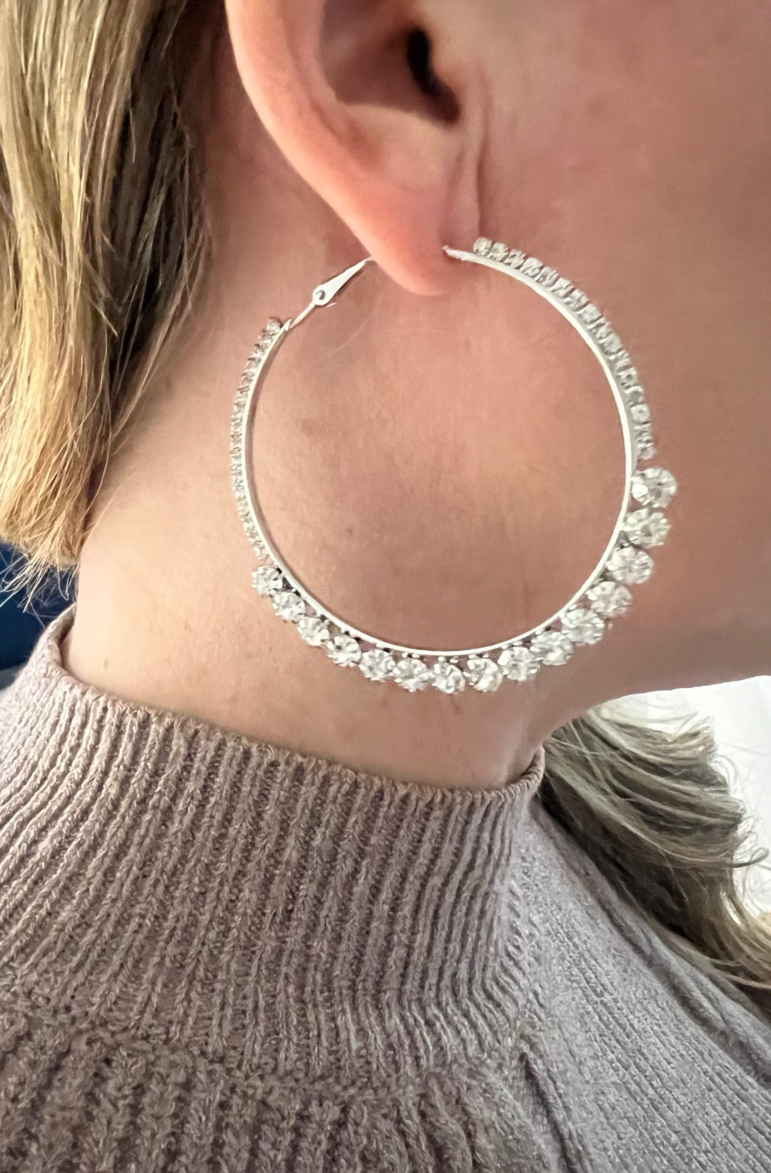 Large Diamante Hoop Earrings in Silver - 6CM