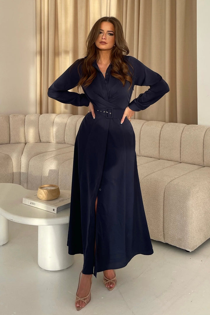 Kira Wrap Detail Navy Maxi Belted Long Sleeve Shirt Dress