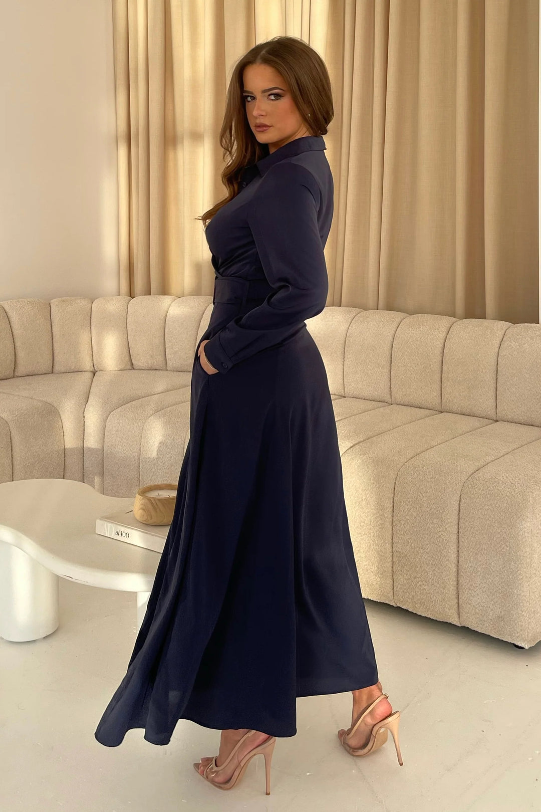 Kira Wrap Detail Navy Maxi Belted Long Sleeve Shirt Dress