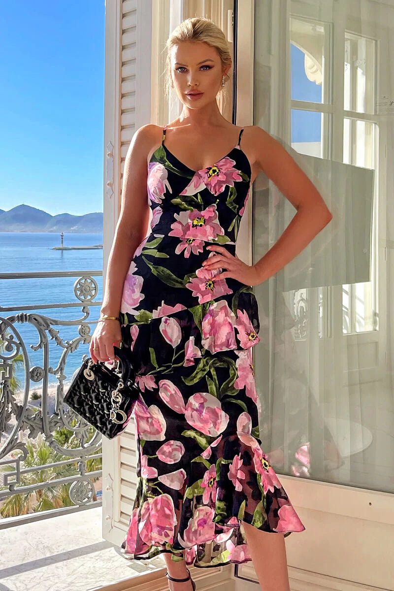 Krystal Black And Pink Lace Embroidered Frill High Low Midi Dress