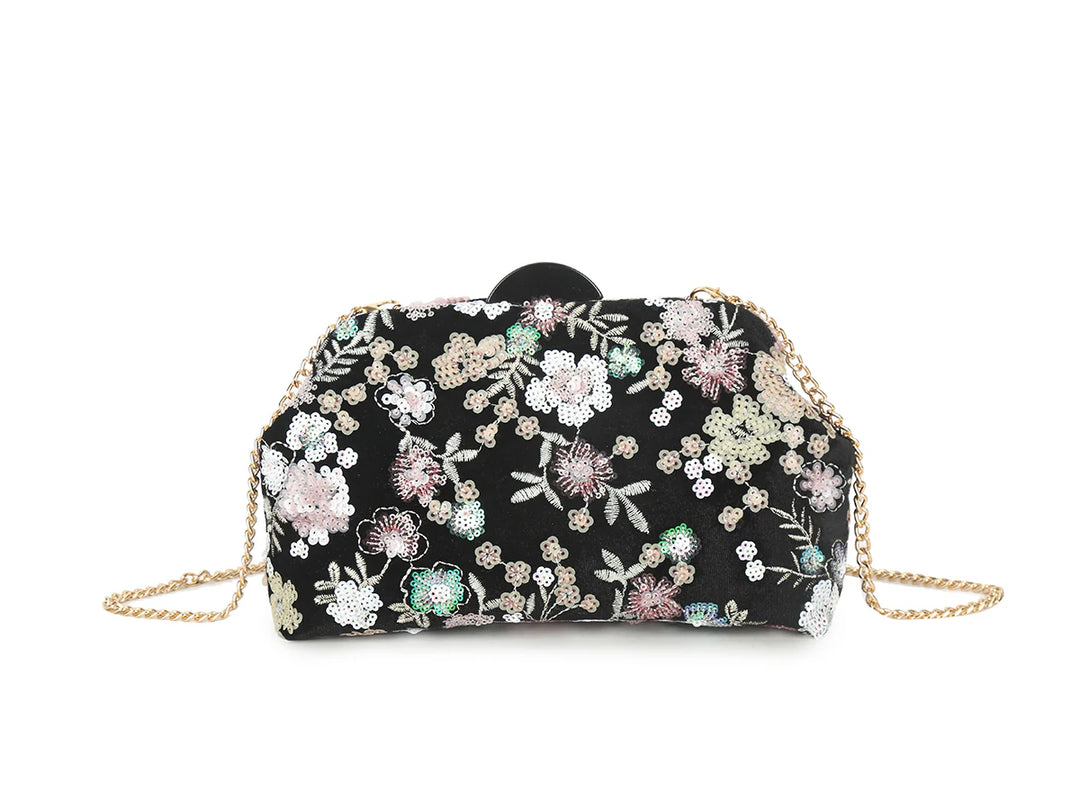 St Kitts Large Sequin Clutch Bag - Black Floral