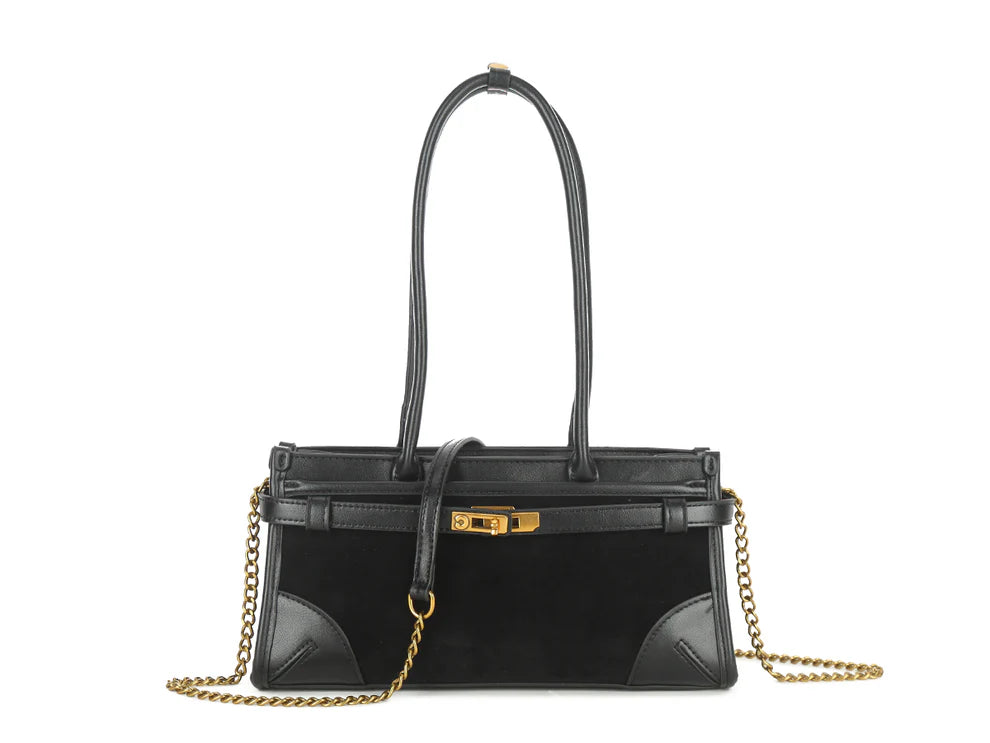 Miami Faux Leather & Suede Buckle Trim Baguette Handbag - Black
