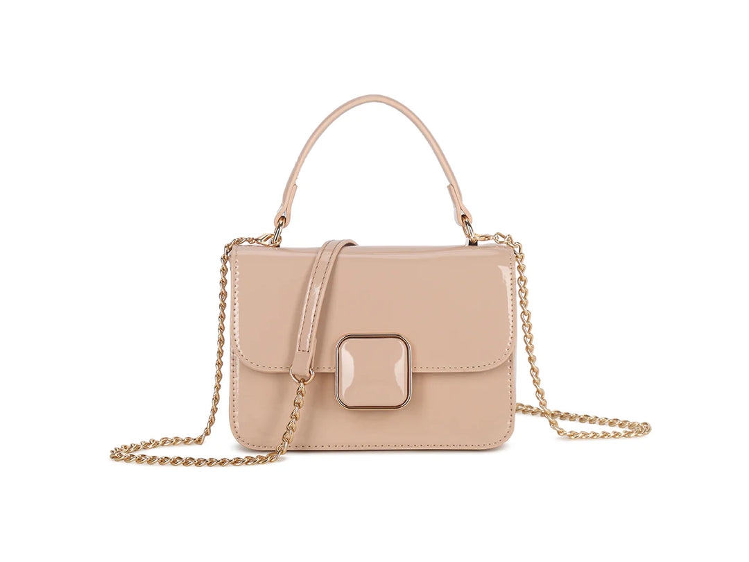 Bergen Nude Patent Small Handbag With Cross Body Chain