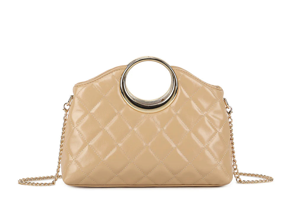 Sicily Quilted Patent O-Ring Handle Bag - Camel