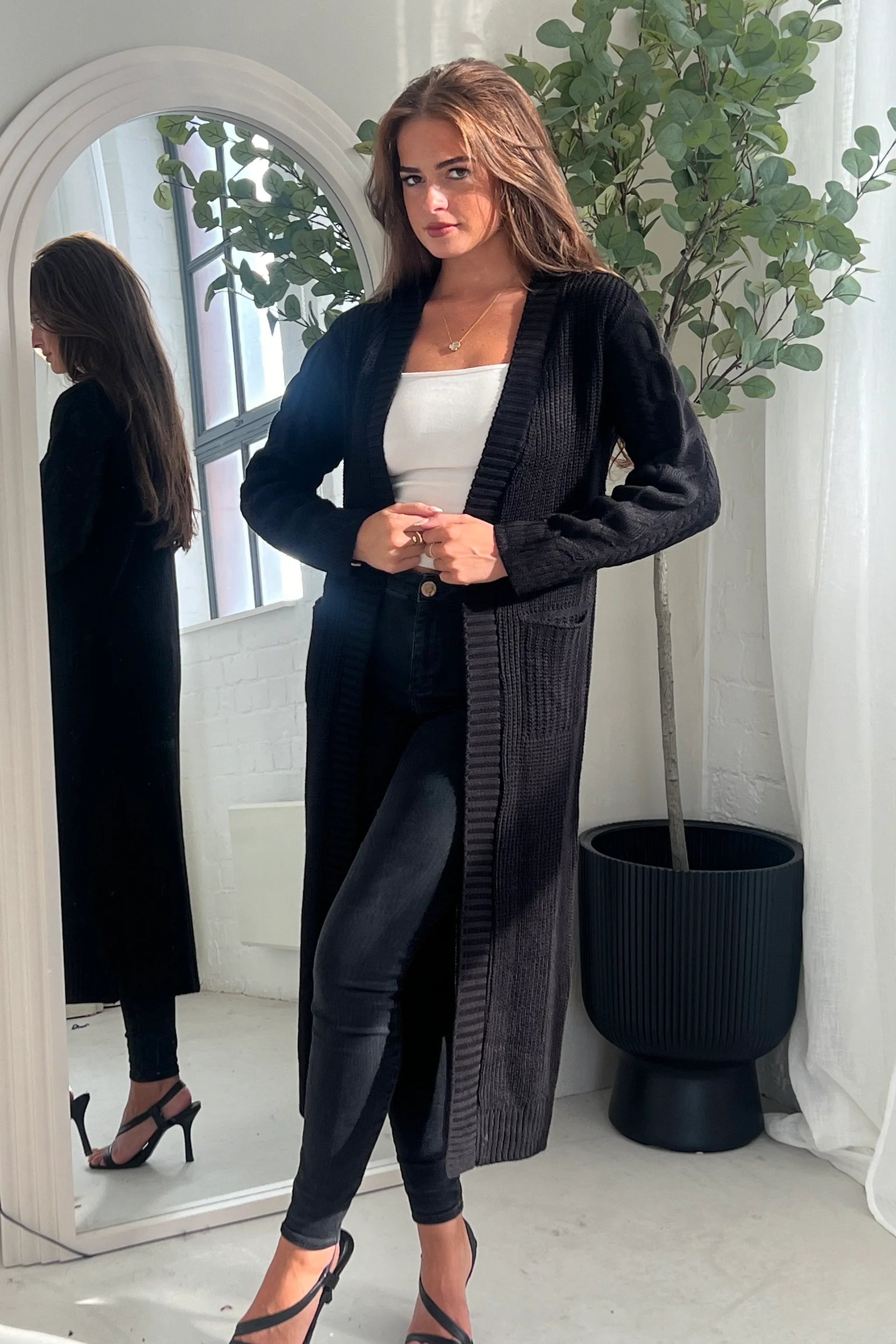 KOGMO Women's Long Knit Cardigan - Snap Button Sweater, Above-Knee Length, Size L Black - View #7