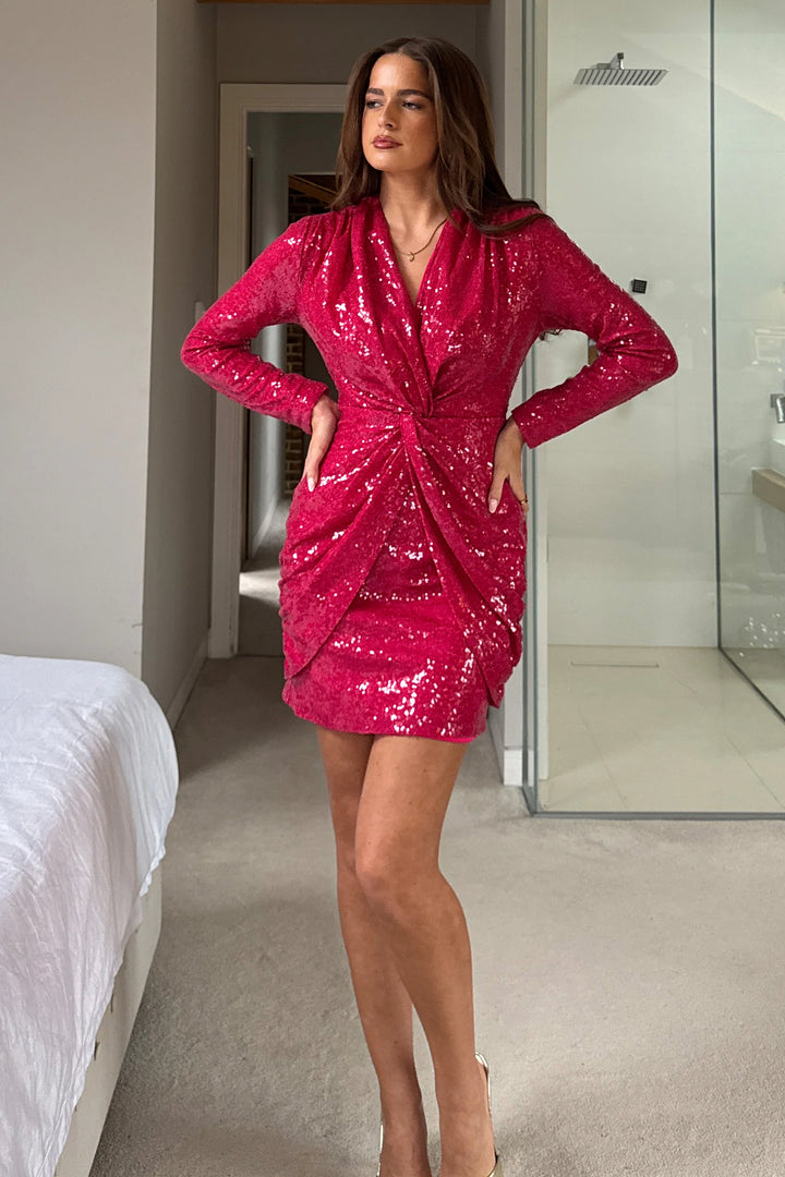 Olivette Pink Sequin Twist Detail Mini Dress