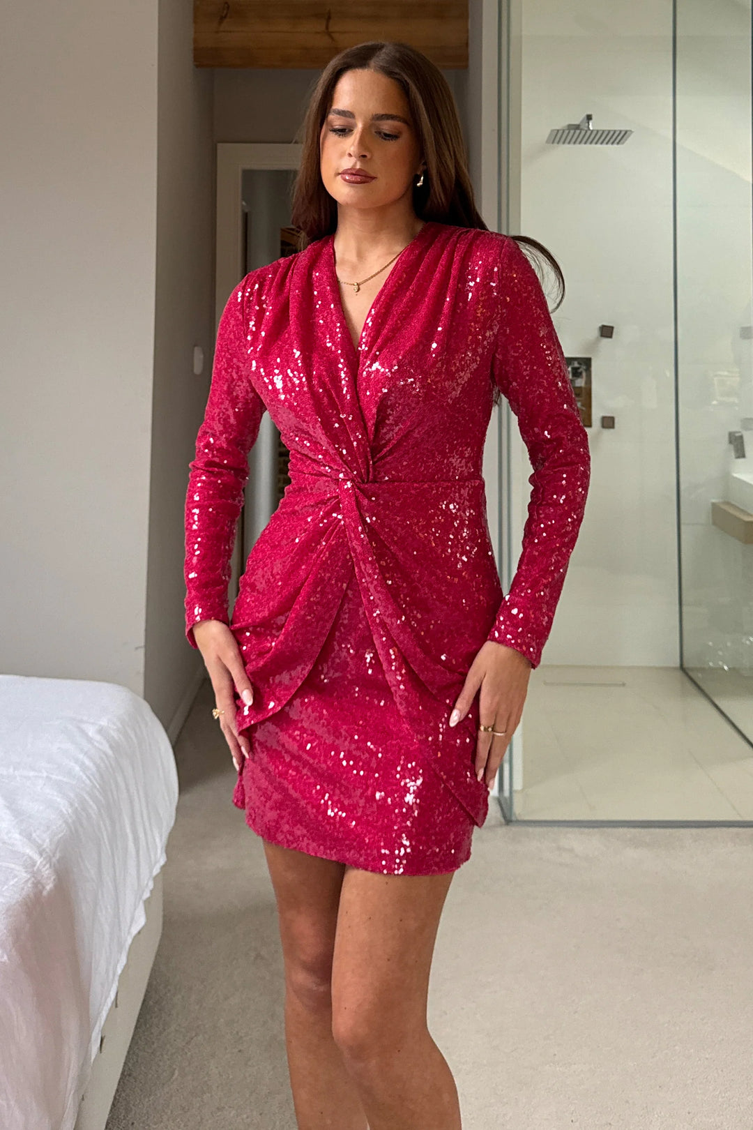 Olivette Pink Sequin Twist Detail Mini Dress