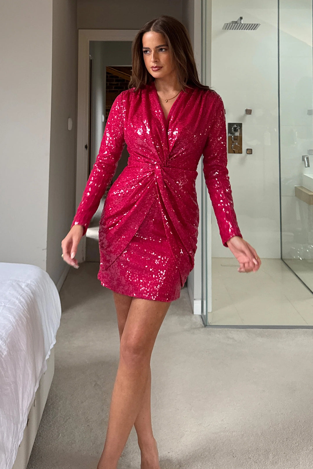 Olivette Pink Sequin Twist Detail Mini Dress