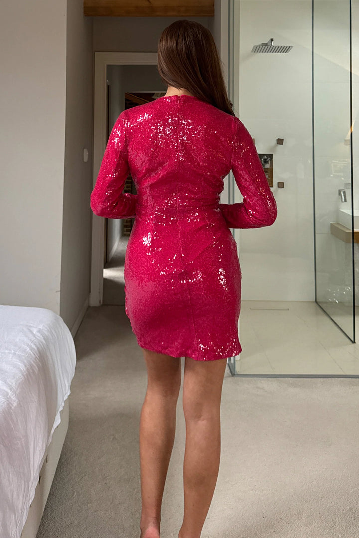 Olivette Pink Sequin Twist Detail Mini Dress