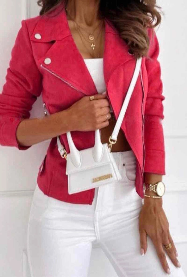 Savannah Red Suedette Zip Detail Lightweight Biker Jacket