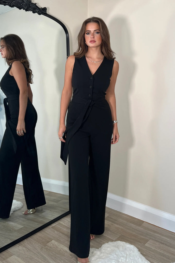 Trixy Black Tailored Waistcoat Belted Wide Leg Jumpsuit