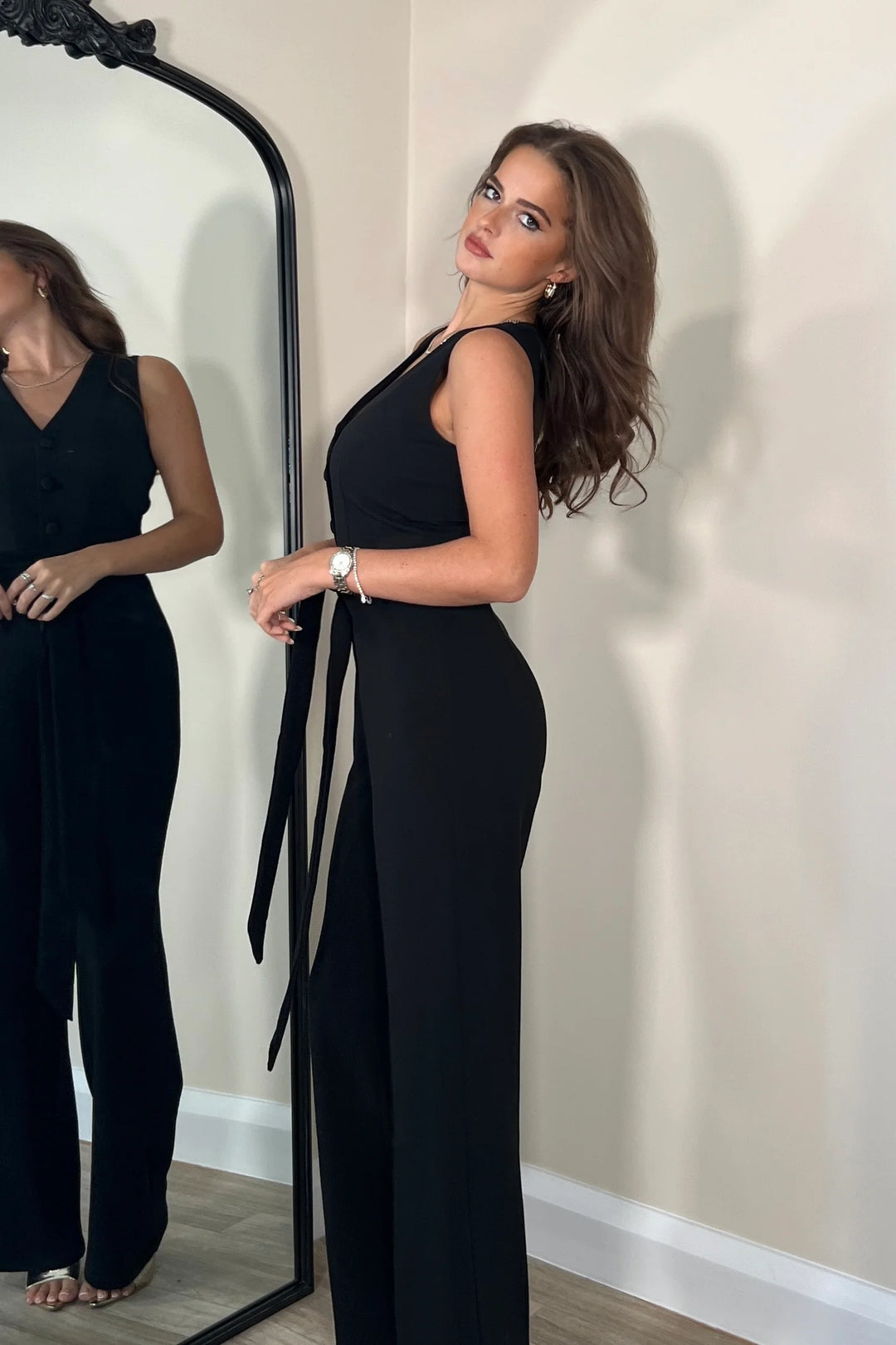 Trixy Black Tailored Waistcoat Belted Wide Leg Jumpsuit