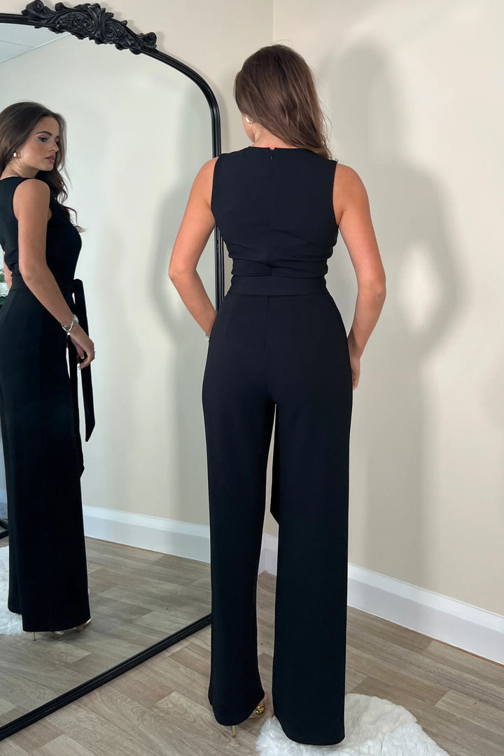 Trixy Black Tailored Waistcoat Belted Wide Leg Jumpsuit