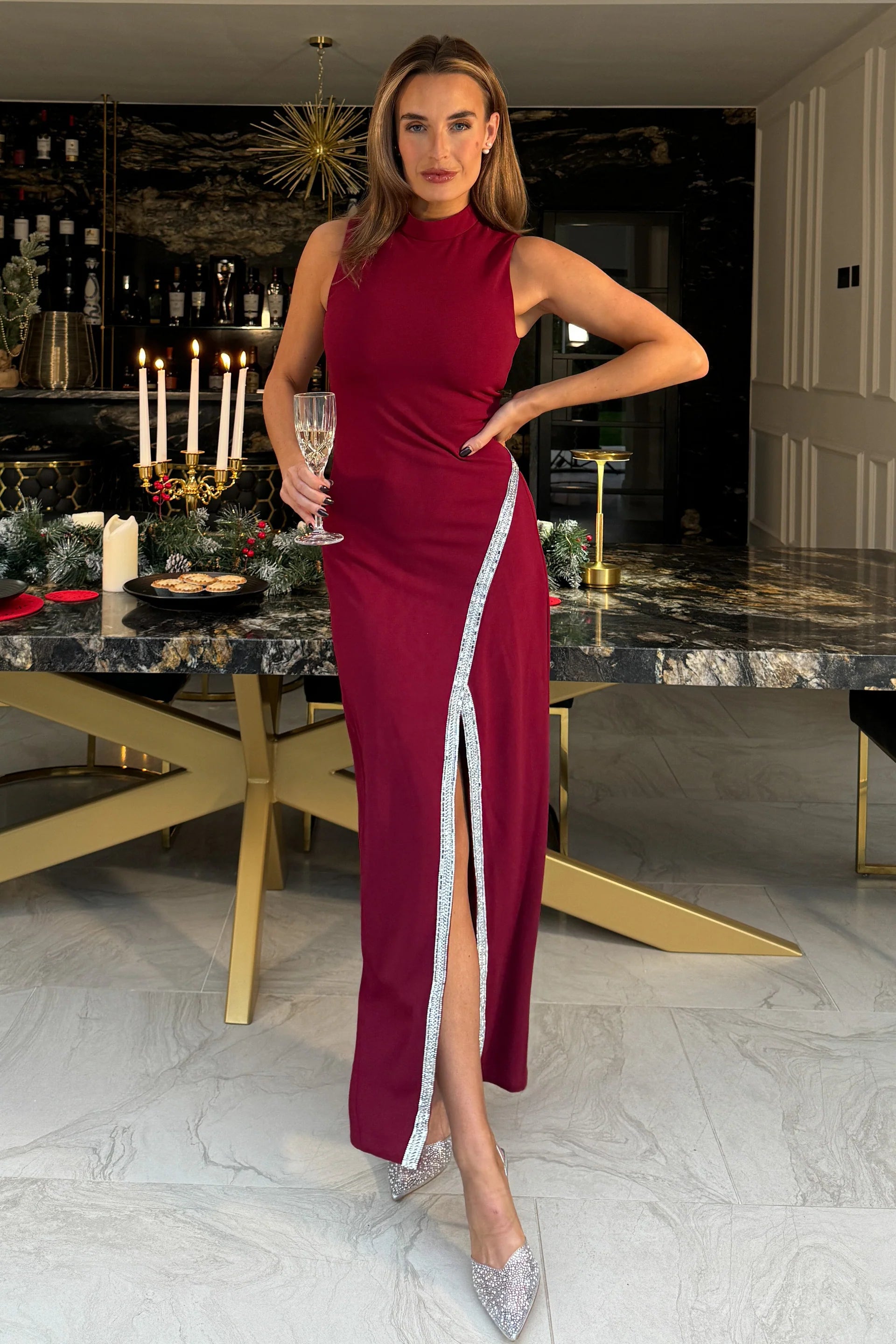 Tasmin | Burgundy High-Neck Maxi Dress With Drop-Waist