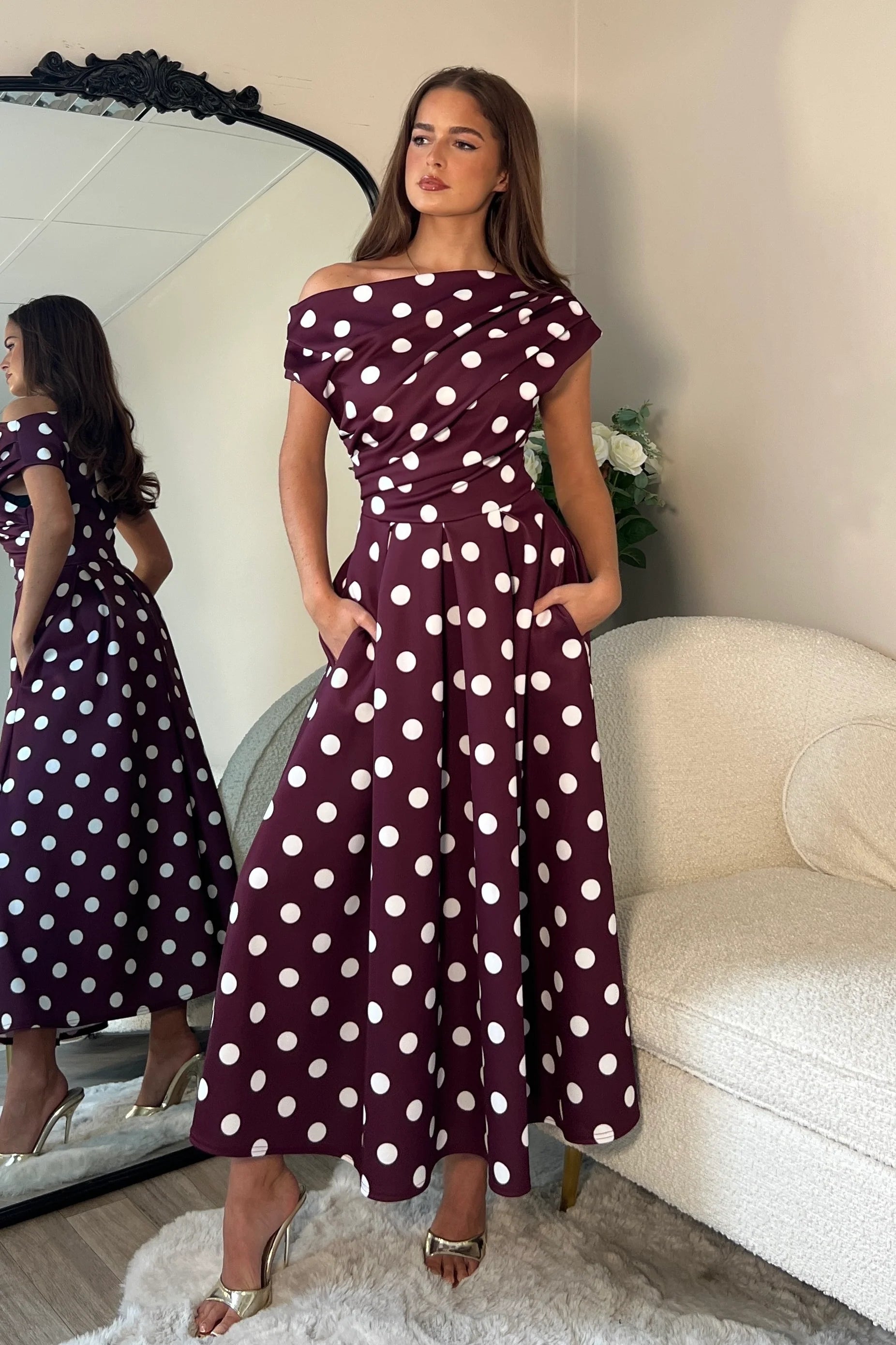 Betty Burgundy Polka Dot Asymmetric Neckline Skater Maxi Dress | LittleMadam Betty Burgundy Polka Dot Asymmetric Neckline Skater Maxi Dress | LittleMadam
