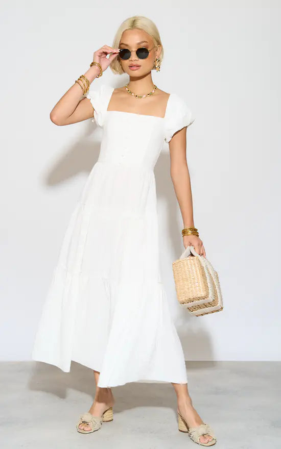 Tanya White Short Puff Sleeve Button Detail Maxi Dress LittleMadam