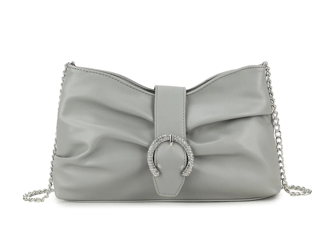 Zena Grey Faux Leather Diamante Buckle Cross Body Shoulder Clutch Bag