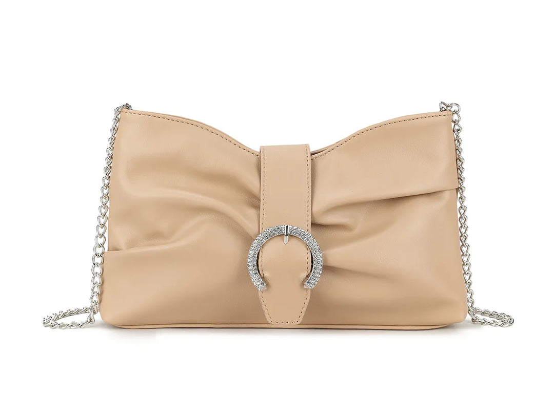 Zena Nude Camel Faux Leather Diamante Buckle Cross Body Shoulder Clutch Bag