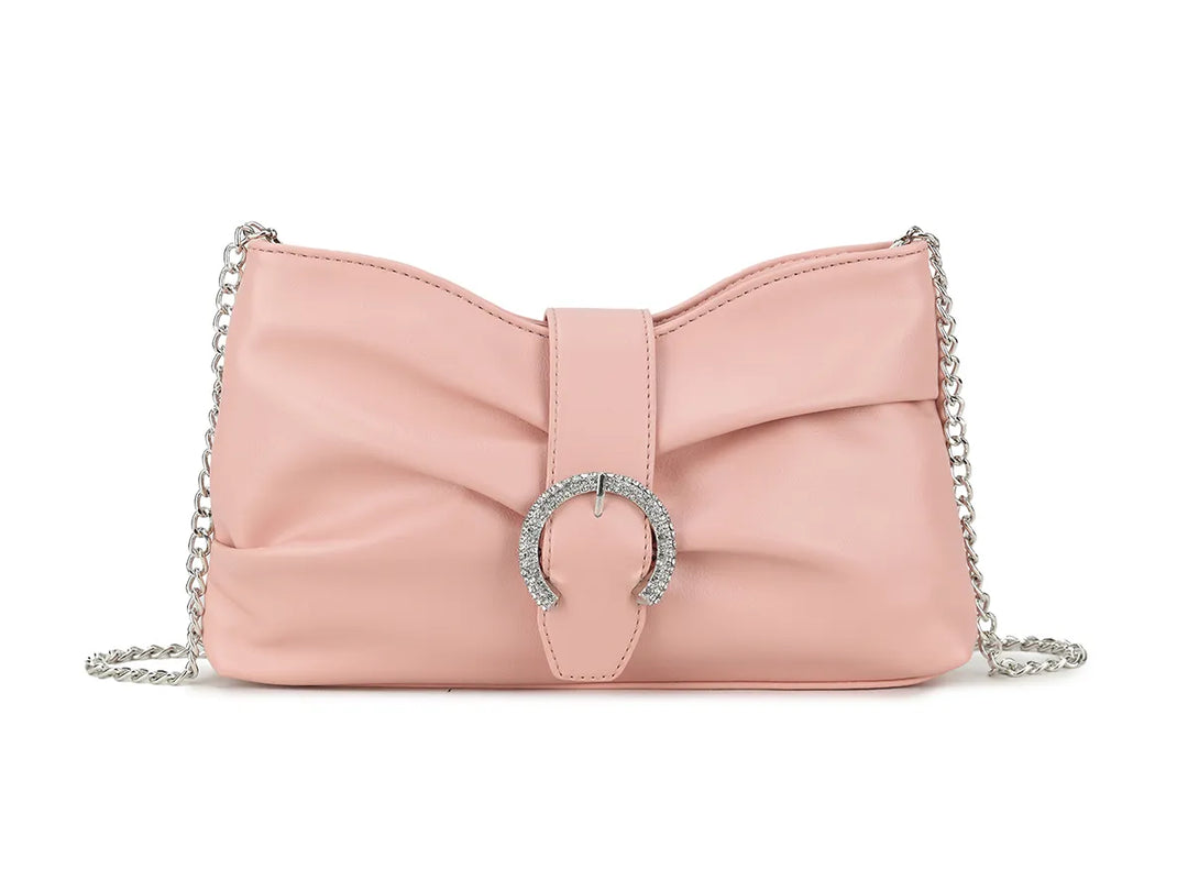 Zena Pale Pink Faux Leather Diamante Buckle Cross Body Shoulder Clutch Bag