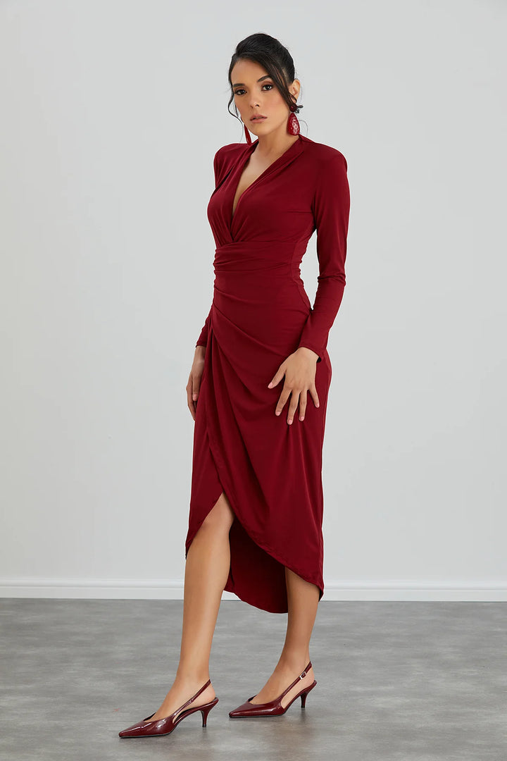 A Touch Of Class Burgundy Red Long Sleeve Bodycon Wrap Midi/Maxi Dress
