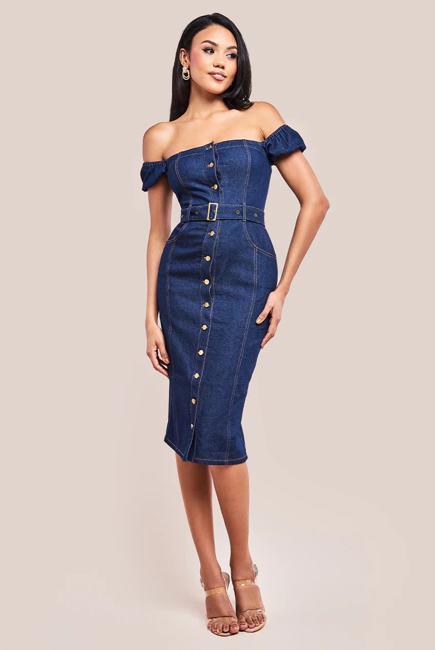Zelda Indigo Denim Button Down Belted Bodycon Bardot Midi Dress LittleMadam