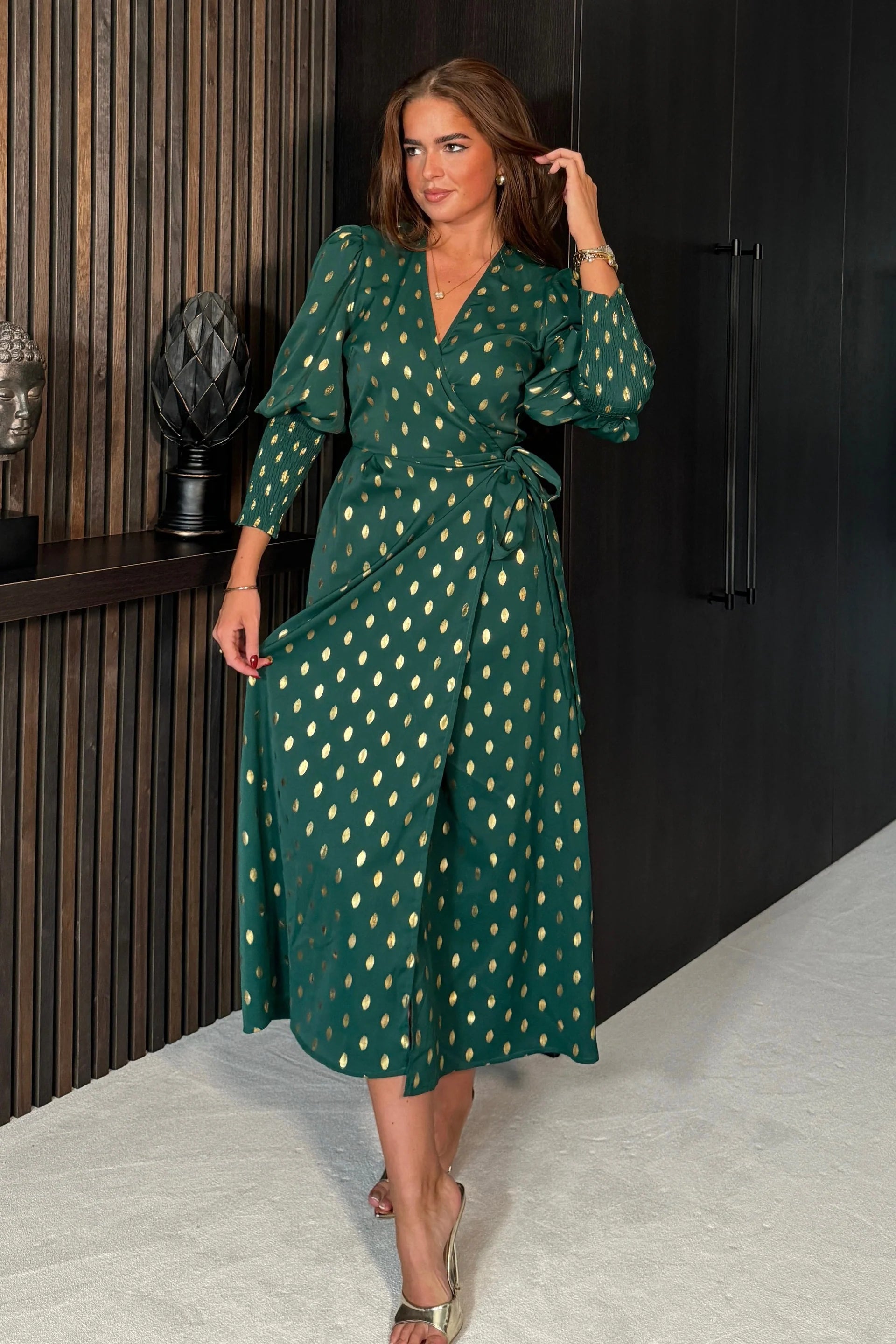 Devina Green And Gold Foil Shirred Cuff Wrap Dress | LittleMadam