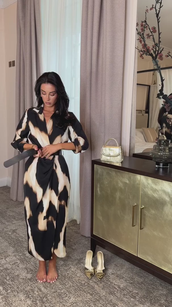 Sienna Cream and Black Multi Smudge Print Long Sleeve Belted Wrap Collared Midi Dress