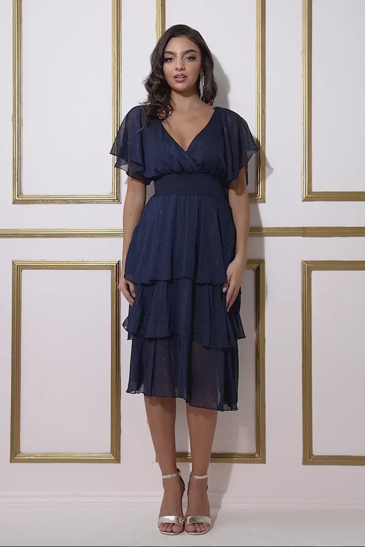 LA Chic Navy Lurex Chiffon Angel Sleeve Tiered Midi Dress - BY GODDIVA
