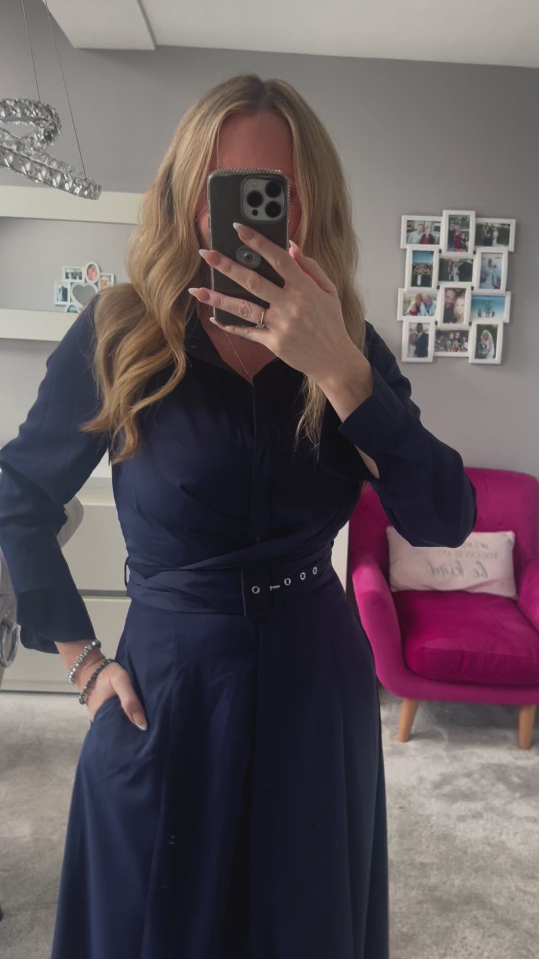 Kira Wrap Detail Navy Maxi Belted Long Sleeve Shirt Dress