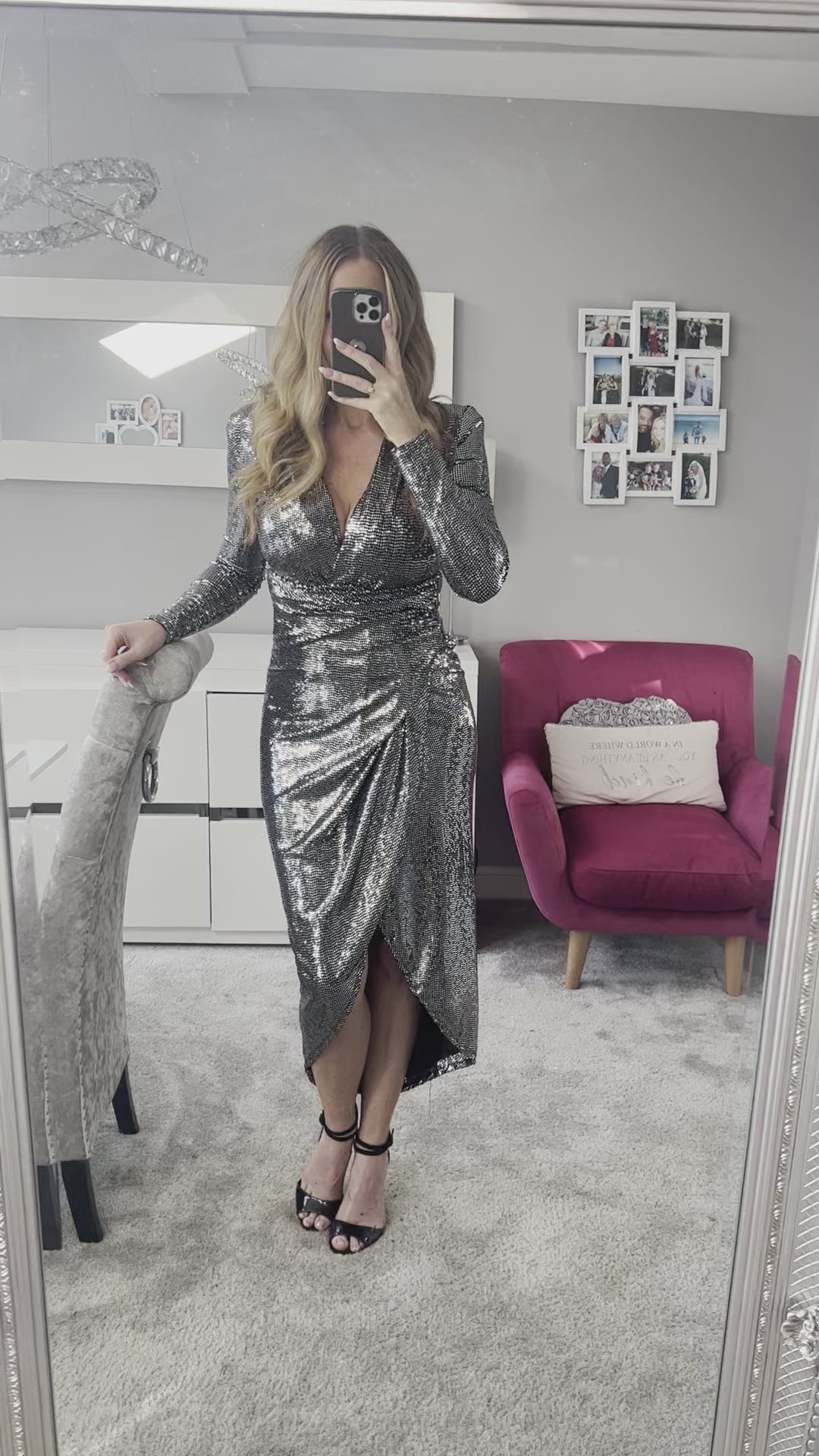 A Touch Of Class Sequin Silver Long Sleeve Bodycon Wrap Midi/Maxi Dress