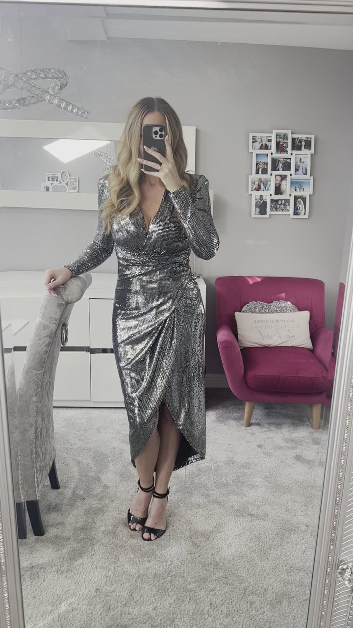 A Touch Of Class Sequin Silver Long Sleeve Bodycon Wrap Midi/Maxi Dress