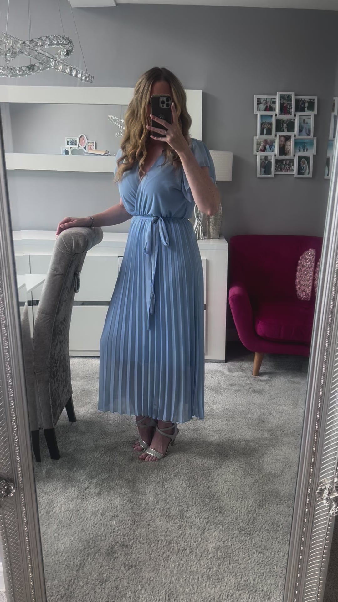 Amalfi Coast Light Blue Chiffon Short Sleeve Pleated Belted Maxi Dress