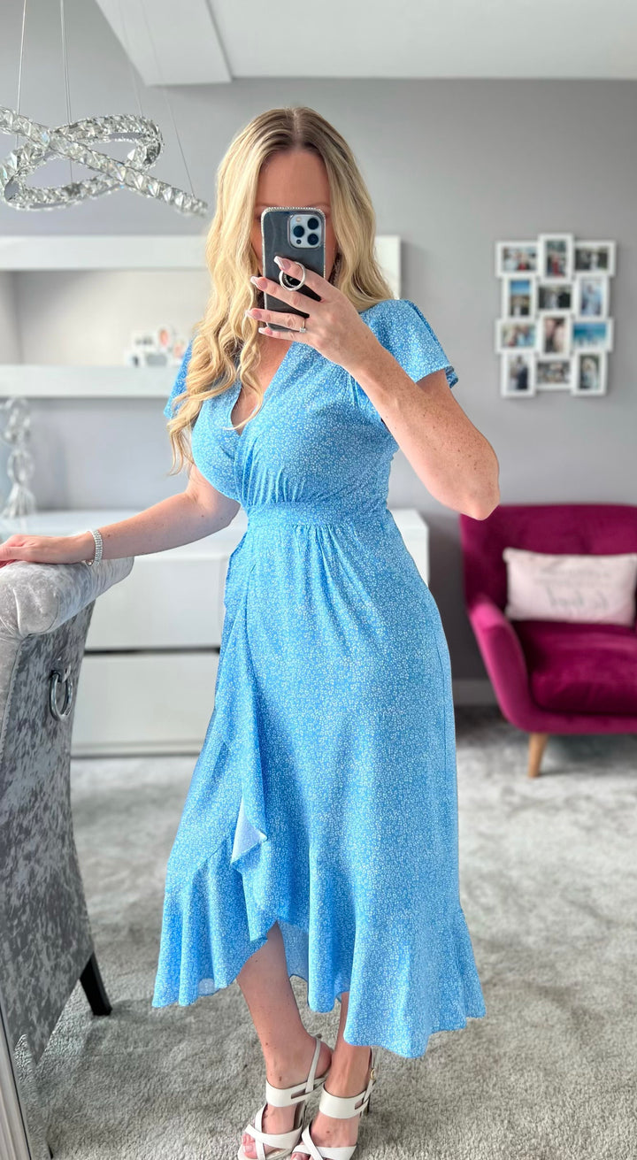 Dolce Vita Light Blue Ditsy Print Short Sleeve Wrap Midi Dress