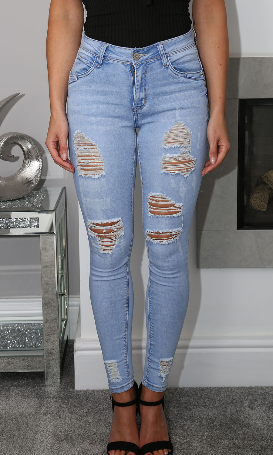 Get Ripped Light Blue Mid Waist Ripped Skinny Jeans LittleMadam