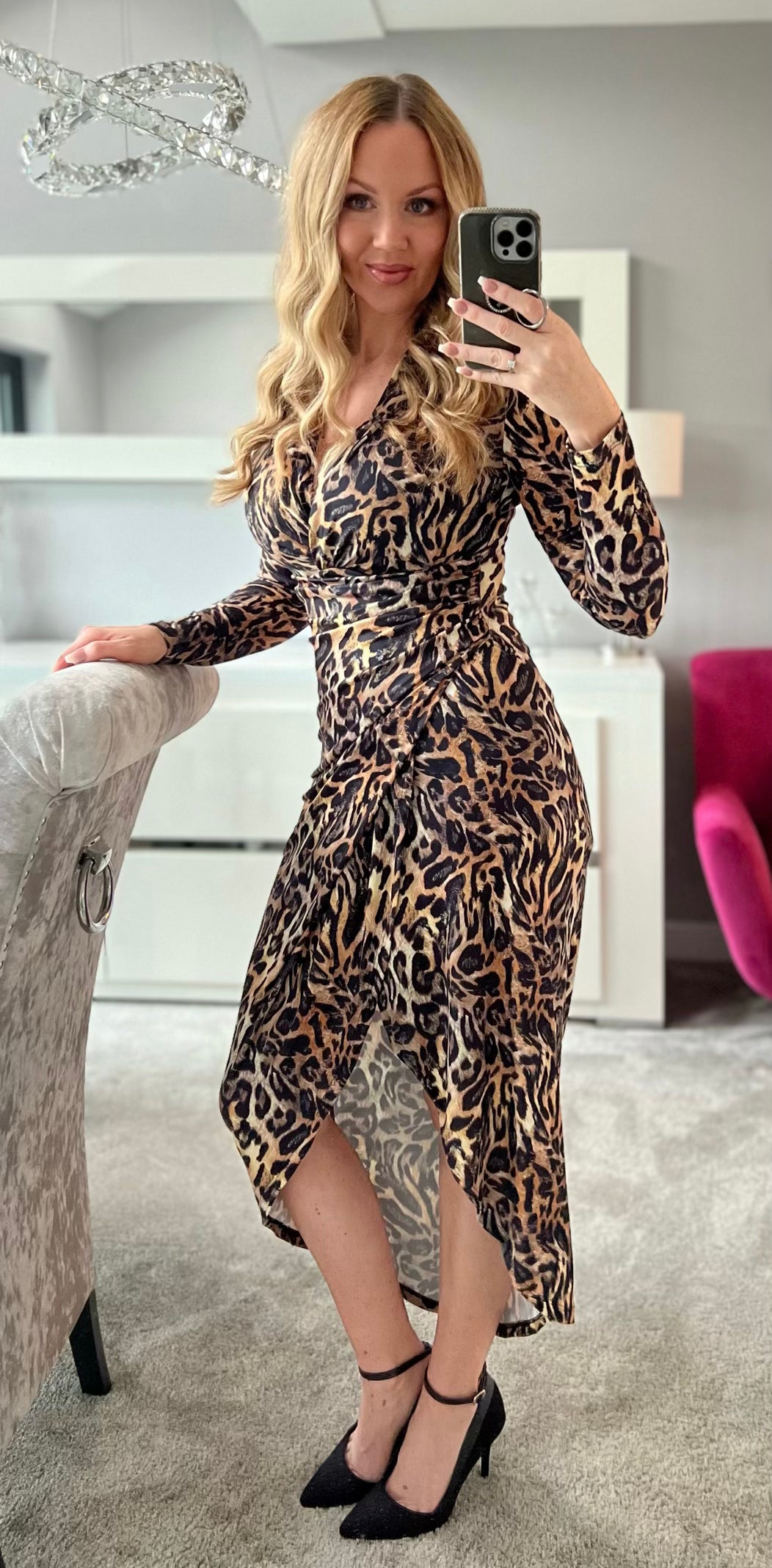 Leopard print long sleeve wrap dress hotsell