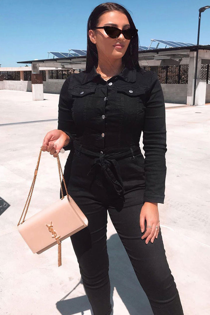 Jenna Black Stretchy Denim Jumpsuit with Tie Belt