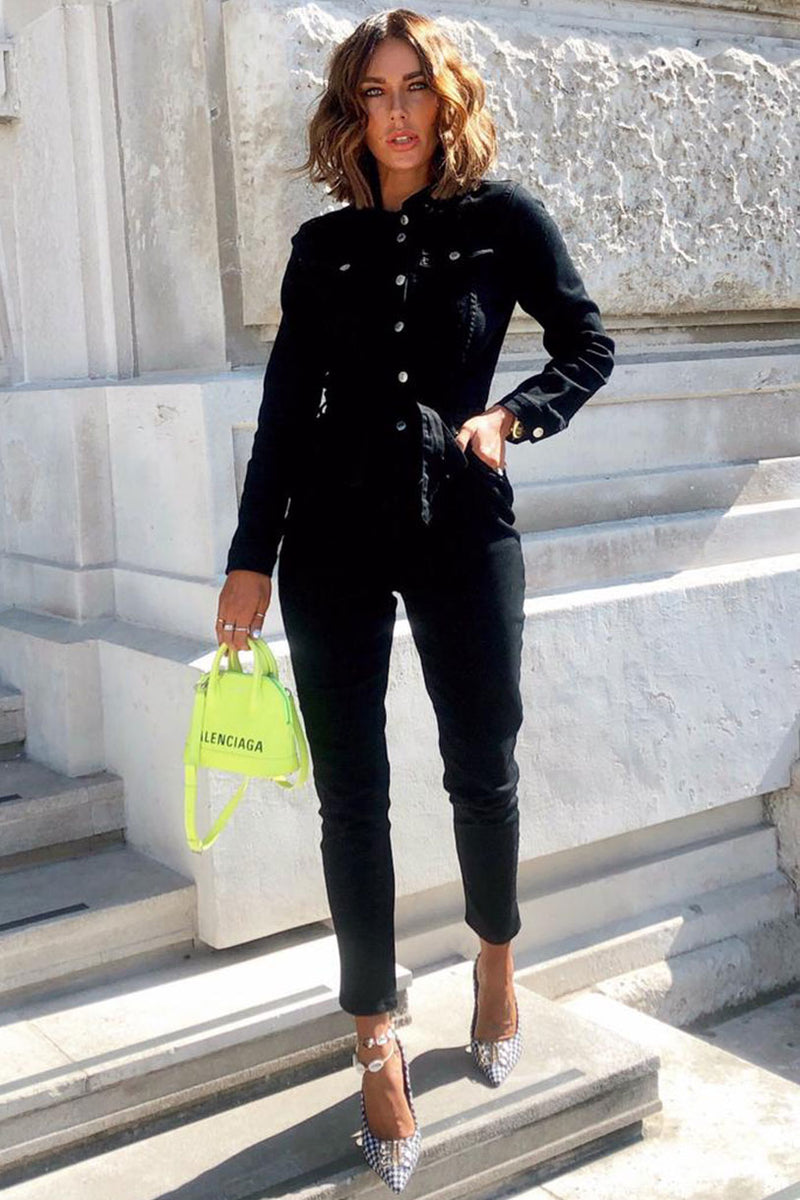 Jenna Black Stretchy Denim Jumpsuit with Tie Belt