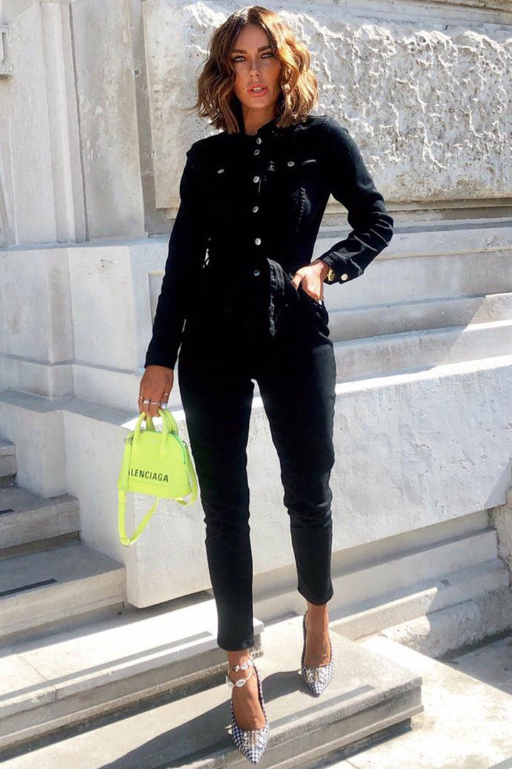 Jenna Black Stretchy Denim Jumpsuit with Tie Belt